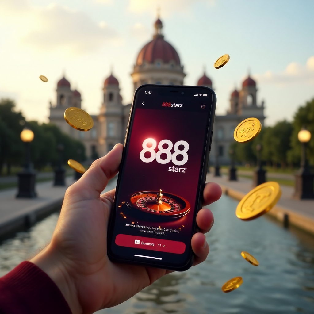 A premium smartphone held in a hand featuring the 888starz app, with the Palace of Culture and Science in Warsaw in the background, official red and white brand colors, 3D flying golden coins and roulette elements, cinematic lighting, 8k.